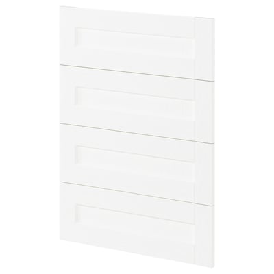 Depicts a METOD kitchen cabinet with white foil fronts, featuring a subtle grain texture and classic design.