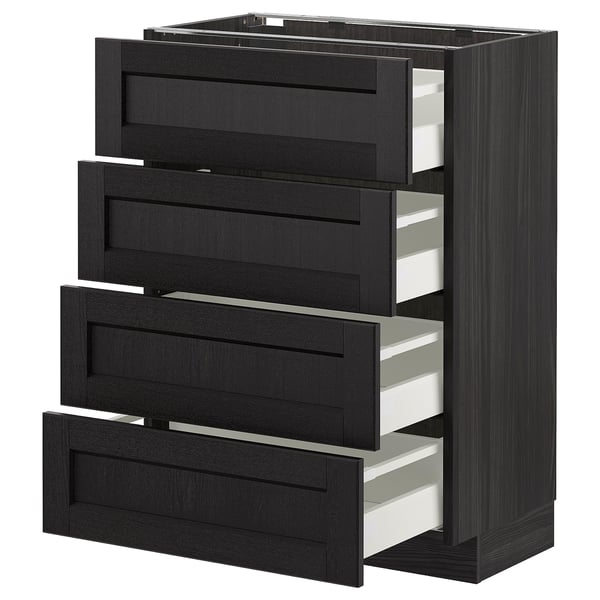A black stained kitchen cabinet with four open drawers, made of ash and particleboard, featuring a traditional bevelled design.