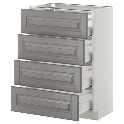 Modern grey kitchen drawers, sleek, metallic pulls, four drawers in white cabinet.