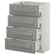 Modern grey kitchen drawers, sleek, metallic pulls, four drawers in white cabinet.