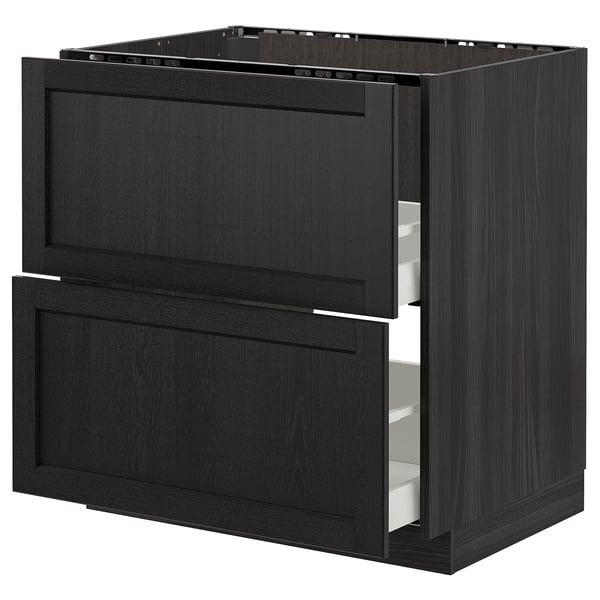 Black METOD kitchen cabinet, solid ash with stained finish, two drawers, traditional design.