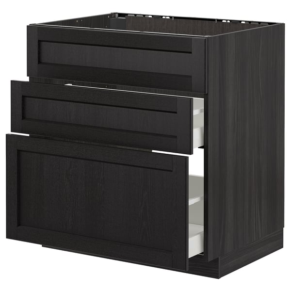Black METOD kitchen unit with 3 partially open drawers, modern dark wood design.