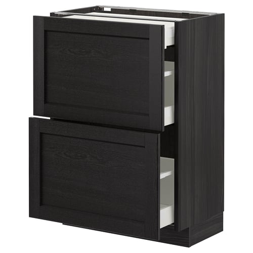 Dark grey kitchen cabinet with two open drawers, showcasing modern design with wooden texture.