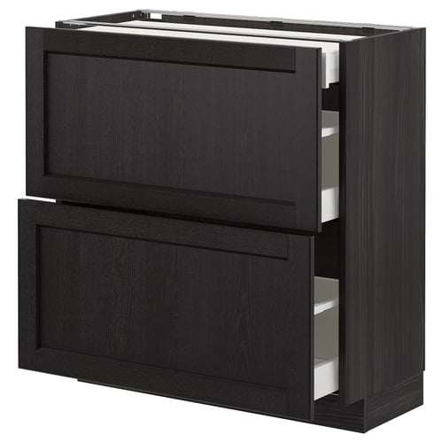 Black kitchen cabinet with two drawers, dark wood finish, rectangular shape. Smooth-glide drawers, part of the METOD system.