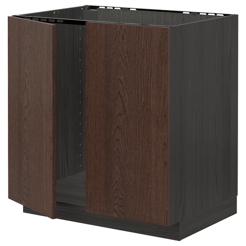 Dark brown wooden kitchen cabinet with metal frame.