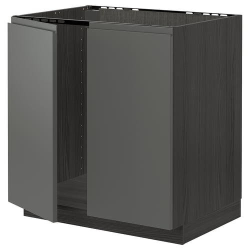 Dark grey METOD kitchen unit with wooden finish and integrated handles.