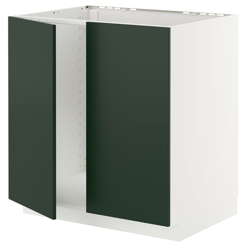 White METOD cabinet with dark green acrylic fibreboard doors.