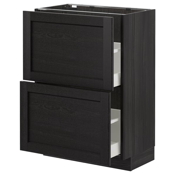 METOD black stained kitchen cabinet with bevelled edges, featuring wooden drawer fronts and self-closing drawers.
