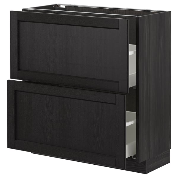 Dark wooden kitchen cabinet with two drawers, one open, showcasing modern design.
