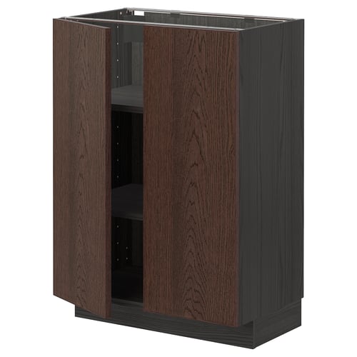 A dark brown METOD kitchen cabinet with oak veneer and solid wood edging. It two open doors revealing shelves inside.