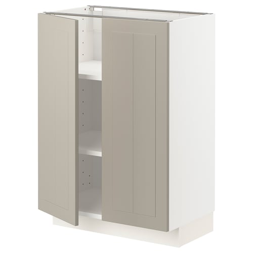 Beige METOD kitchen cabinet with white interior, rectangular, two doors.