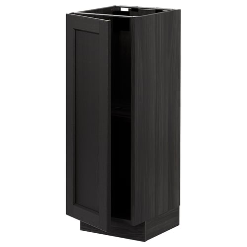 Black kitchen cabinet with single door, square shape, wood grain texture.