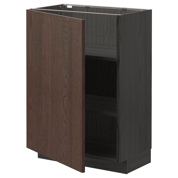 Dark brown wooden cabinet, one open door, adjustable shelves, rectangular.