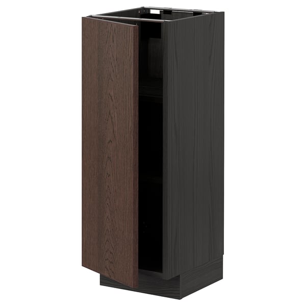 Dark brown METOD cabinet, wood grain, one open door showing empty interior.