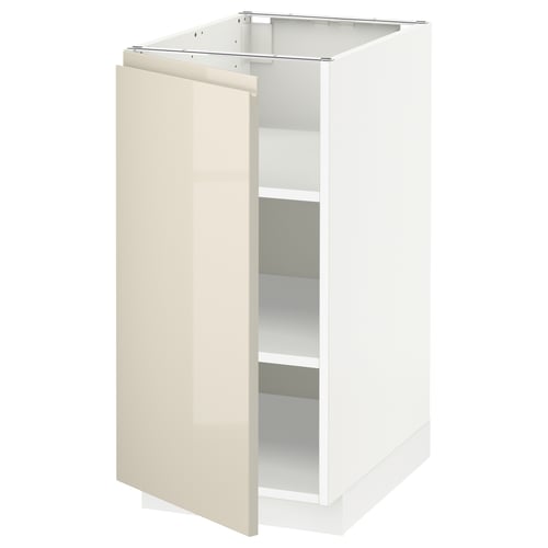 White & beige kitchen cabinet, sleek glossy finish, single door, adjustable shelves, integrated handles.