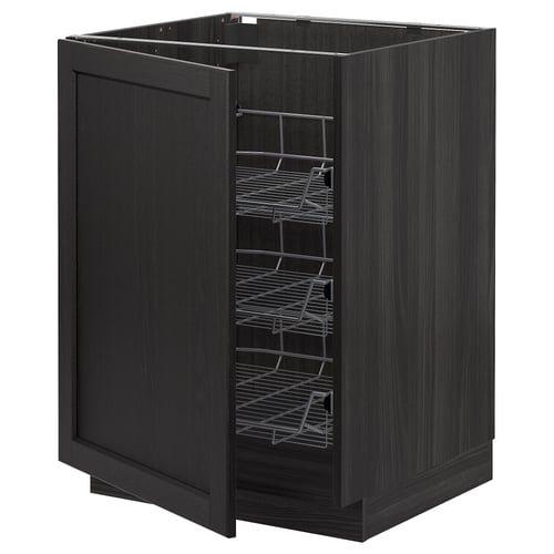 A dark grey METOD kitchen cabinet with pull-out wire baskets, designed for storing pots and pans.