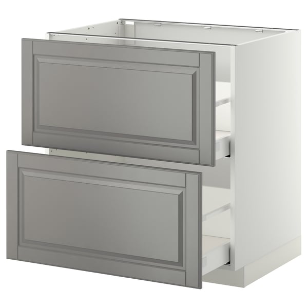 A grey and white METOD kitchen cabinet with two drawers, a traditional design, and a bevelled edge.