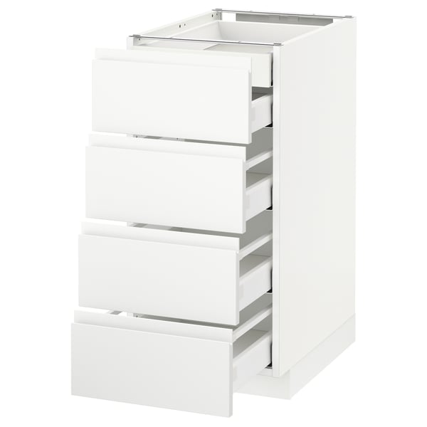 White METOD kitchen cabinet with four drawers, sleek minimalist design, smooth-running drawers.