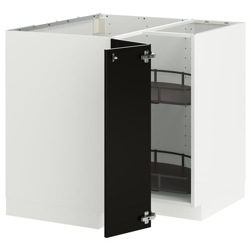 A METOD kitchen cabinet in white with a black door. It has a square shape with a pull-out shelf.