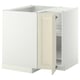 METOD kitchen: off-white cabinet with open door, bevelled edges, shelving.