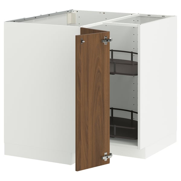 METOD kitchen cabinet in white with wooden door open, showing inside storage shelves.