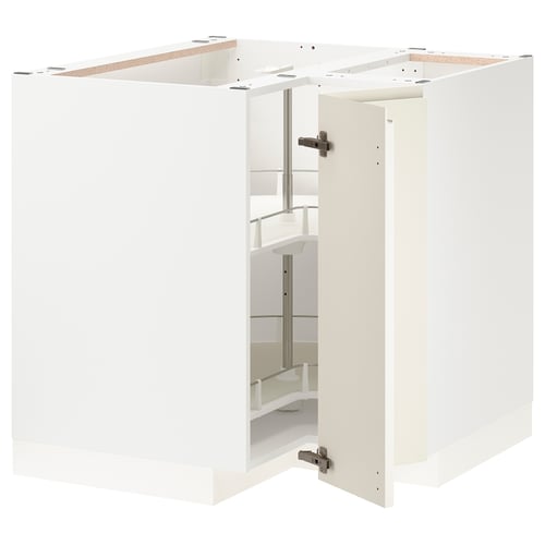 Image shows white IKEA METOD kitchen corner cabinet with built-in shelves.