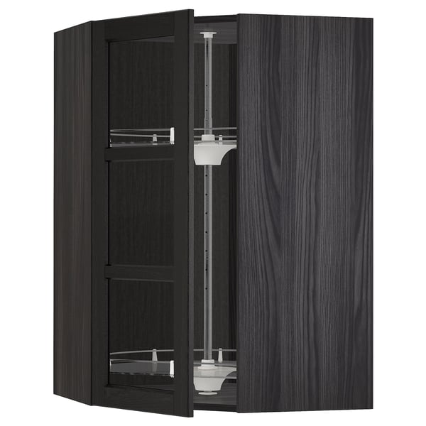 METOD kitchen unit with black stained glass doors, featuring a corner carousel for storage.