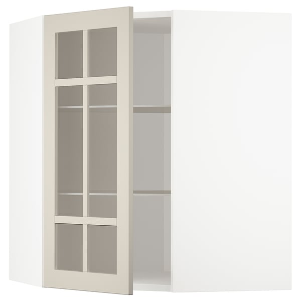 White corner cabinet with frosted glass doors.
