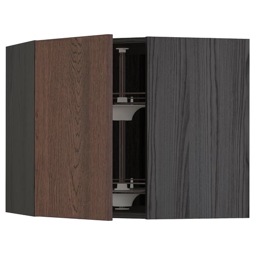 An open dark wood METOD corner kitchen cabinet with glass shelves.