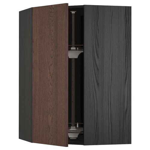 Dark wood cabinet, open showing shelves, adjustable, curved edges, modern design.