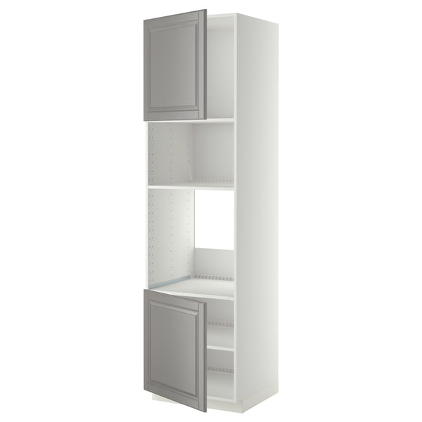 White METOD kitchen cabinet with grey doors, square shape, adjustable shelves.