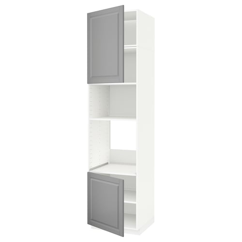 A white and grey METOD kitchen cabinet with two open doors revealing shelves inside.
