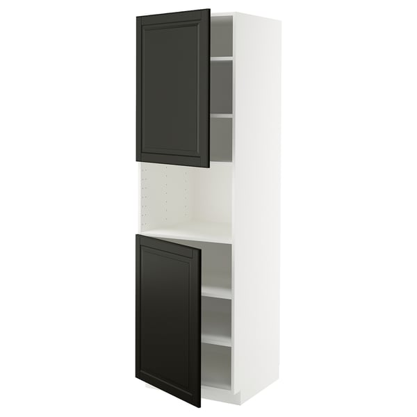 METOD kitchen cabinet in white and black. Tall, rectangular, two-door design with bevelled edges. Two adjustable shelves.