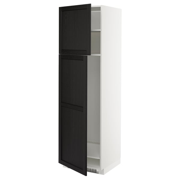 A METOD kitchen cabinet with dark-stained wooden doors and a white frame. It stands tall with two doors open, revealing adjustable shelves inside.