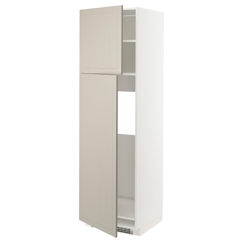 White METOD kitchen cabinet with beige doors open, showing adjustable shelves.