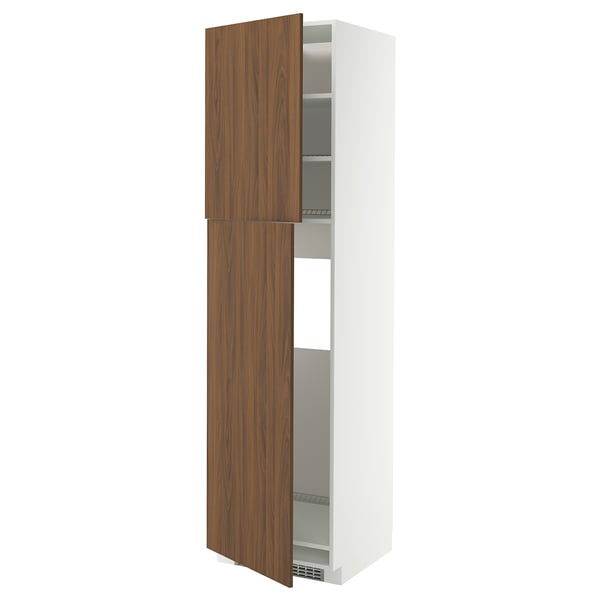 Modern kitchen cabinet, white with walnut doors, adjustable shelves, sleek design.