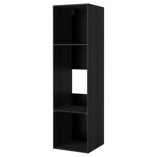 A black METOD kitchen cabinet with a rectangular shape and open shelves. Its made of particleboard and has a sleek, modern design.