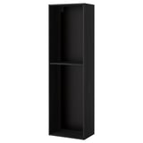 A black METOD kitchen cabinet. Its tall, rectangular, and made from melamine and particleboard. It has two open shelves for storage.