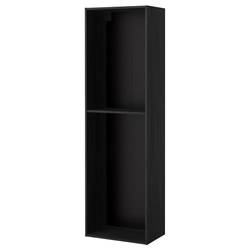 A black METOD kitchen cabinet. Its tall, rectangular, and made from melamine and particleboard. It has two open shelves for storage.