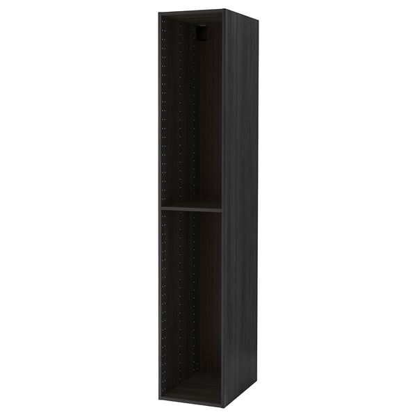 A tall black kitchen cabinet from the METOD system. Its rectangular shape a single adjustable shelf inside.