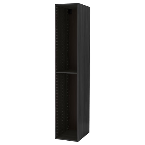 A tall black kitchen cabinet from the METOD system. Its rectangular shape a single adjustable shelf inside.