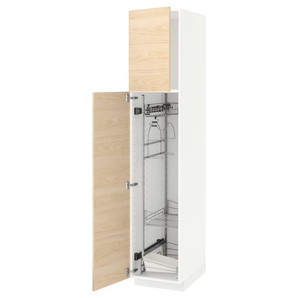 A white and light ash METOD cabinet with open door, displaying metal organisers inside.