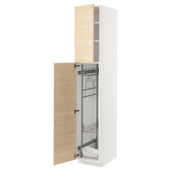 A tall white METOD cabinet with an open door, revealing pull-out organisers. The door a light ash wood pattern.