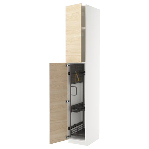 METOD kitchen cabinet with light ash wood door, steel hinges, and pull-out organisers.