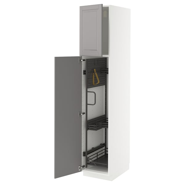 A white METOD kitchen cabinet with grey bodbyn doors, featuring pull-out organisers and sturdy frame construction.