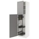 A white METOD kitchen cabinet with grey bodbyn doors, open to reveal internal storage and adjustable metal shelves.