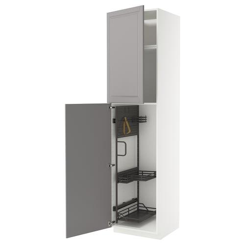 A white METOD kitchen cabinet with grey doors and pull-out organisers. Its tall, rectangular, and has a modern design with a 25-year guarantee.