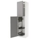A white METOD kitchen cabinet with grey doors and pull-out organisers. Its tall, rectangular, and has a modern design with a 25-year guarantee.