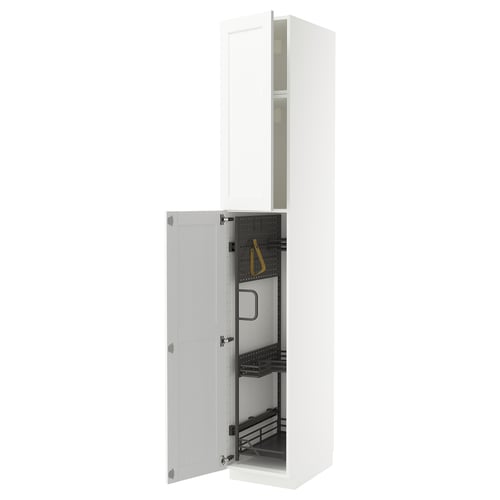 An open white METOD kitchen cabinet with a grain structure. It pull-out organisers and is made of particleboard and fiberboard.