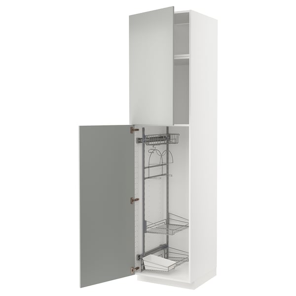 White METOD kitchen cabinet with grey door, multiple shelves, modern clean design.